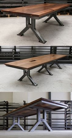 three different angles of a table with benches in the back ground and on the top