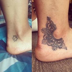 two pictures of feet with tattoos on them, one has a crescent and the other has a flower