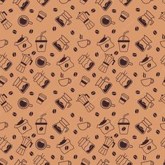 an orange background with black coffee cups and saucers on it, all in different sizes