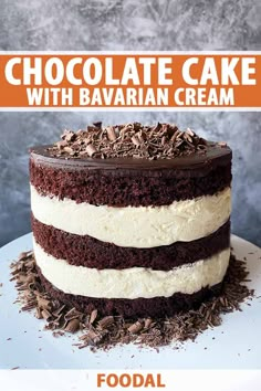 chocolate cake with bavarian cream frosting on a white plate and an orange sign that reads, chocolate cake with bavarian cream