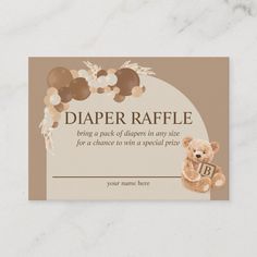 a diaper raffle card with a teddy bear holding a baby's name