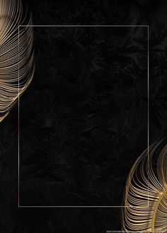 an abstract black and gold background with a square in the middle, surrounded by golden feathers