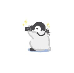 a penguin with a camera on its back and stars in it's eyes, taking a picture