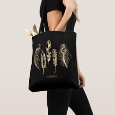 Tote bag ready for you to personalize. Featuring an assortment of stunning faux gold feathers on a black background ready for you to personalize. Makes a great gift for any person young or old. This Product is 100% Customizable. *****Click on CUSTOMIZE BUTTON to add, delete, move, resize, changed around, rotate, etc...any of the graphics or text or use the fill in boxes. 99% of my designs in my store are done in layers. This makes it easy for you to resize and move the graphics and text around s Customizable Tote Shoulder Bag For Shopping, Customizable Black Tote Bag, Customizable Black Everyday Bags, Customizable Black Canvas Bag For Everyday Use, Customizable Black Canvas Bag For Daily Use, Customizable Black Tote Shoulder Bag, Customizable Black Bag For Daily Use, Trendy Customizable Black Bags, Stencil Print