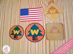 four stickers with the words we are in different colors and designs on them, along with an american flag