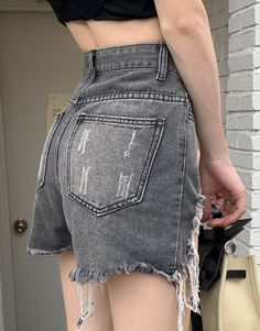 Grey Ripped Denim Shorts | Yeji - ITZY S Fashion Chingu, Camouflage Shorts, Ripped Denim Shorts, Denim Patches, Ripped Denim, Leather Shorts, Black Button, Summer Wardrobe, Short Outfits