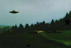 an alien flying over a lush green forest filled with trees on top of a hill