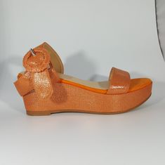 Never Worn Made In Italy Orange Faux Lizard Stamped Suede Bands Heel Strap With Circular Buckle Faux Leather Footbed Platform Wedge Sole Vegan - Animal Free European Size 37 Orange Synthetic Wedge Sandals With Round Toe, Party Platform Wedge Sandals With Low Heel, Low Heel Platform Wedge Sandals For Party, Trendy Orange Round Toe Wedge Sandals, Orange Platform Wedge Sandals With Round Toe, Orange Synthetic Ankle Strap Wedge Sandals, Trendy Orange Wedge Heel Sandals, Orange Synthetic Wedge Sandals, Trendy Orange Wedge Sandals