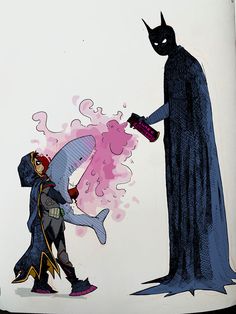 a drawing of a batman and a man with a shark in his hand, standing next to each other