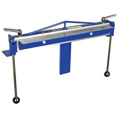 a blue table with two metal legs on it