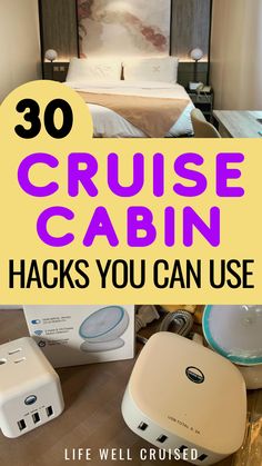 the words cruise cabin hacks you can use in front of a bed and nightstand