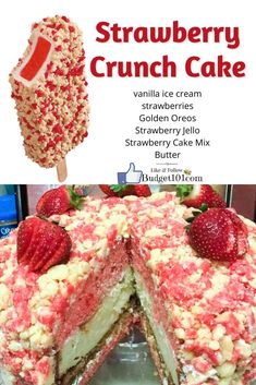 a strawberry crunch cake is cut in half and served on a stick with strawberries