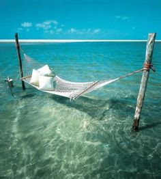 a hammock in the middle of water with a pole sticking out of it