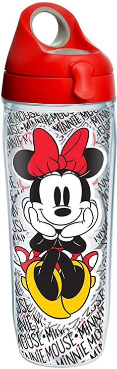 the mickey mouse sippy cup has a red lid and is decorated with an image of minnie