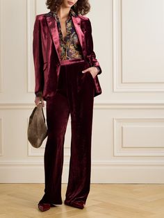 Etro's blazer is made from velvet and blended with touches of silk for added softness and luster. It's tailored in a single-breasted shape and has notch lapels and a burnished button engraved with the  'Pegaso' logo. Wear yours with the coordinating burgundy pants. Christmas Choir, Velvet Midi Skirt, Holiday Party Attire, Burgundy Outfit, Burgundy Pants, Logo Wear, Trouser Outfits, Velvet Suit, Floral Dresses Short