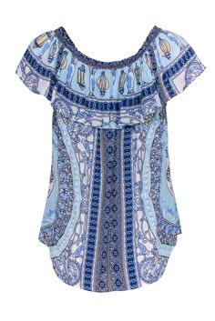 Immerse yourself in the beauty of vibrant patterns with this Hale Bob top, featuring cute flutter sleeves, a button-down front, and a flattering scoop hem. For a modern and chic daytime look, pair this striking top with white high-waisted denim shorts and espadrille wedges. Size M Shell 100% Viscose Unlined Multi-print Faux front button-down design Flutter sleeves Bust 33” Waist 35” Shoulder to hem 27.5” Blue Off-shoulder Top With Floral Print, Bohemian Printed Top With Flutter Sleeves, Patterned Ruffle Tops For Vacation, Patterned Ruffled Tops For Vacation, Blue Off-shoulder Floral Print Tops, Printed Flutter Sleeve Vacation Tops, Vacation Printed Tops With Flutter Sleeve, Printed Flutter Sleeve Tops For Vacation, Blue Bohemian Off-shoulder Top