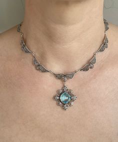 Sky Blue Topaz Silver Choker Victorian Necklace, 925 Sterling Genuine Gemstone Artisan Handcrafted Ornate Filigree Floral Jewelry - Etsy Wedding Topaz Gemstone Accent Necklaces, Elegant Turquoise Gemstone Crystal Necklace, Turquoise Jewelry With Intricate Design, Wedding Topaz Necklace With Gemstone Accents, Elegant Blue Sterling Silver Crystal Necklaces, Silver Jewelry With Blue Topaz Stone Setting, Aquamarine Round Pendant Jewelry For Gift, Silver Blue Topaz Jewelry With Stone Setting, Topaz Gemstone Pendant Jewelry