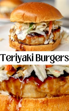 two stacked photos of the chicken teriyaki burgers Teriyaki Burger Sauce, Teriyaki Chicken Burgers, Chicken Burger Topping Ideas, Grilled Ground Chicken Burgers, Chicken Burger Toppings, Teriyaki Chicken Burger, Asian Chicken Burgers, Best Chicken Burgers, Teriyaki Turkey Burger