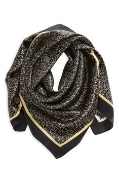 A silk square scarf in an elegant pattern makes it effortless to achieve a sophisticated look. 33" square 100% silk Dry clean Imported Chic Square Silk Scarves, Elegant Black Square Silk Scarf, Elegant Gold Square Scarf, Elegant Gold Square Silk Scarf, Silk Square Scarf, Sophisticated Look, Square Silk Scarf, Elegant Pattern, Square Scarf