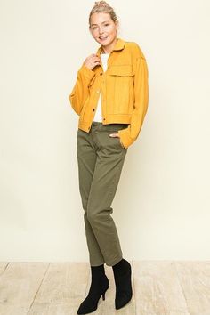 Faux Suede Button Down Jacket 90% Polyester 10%Spandex Model is 5’9 tall, 34B chest, 26” waist and 35” hips and wearing a size small Mustard Yellow Jacket Outfit, Mustard Jacket Outfit, Yellow Jacket Outfit, Mustard Coat, Mustard Jacket, Suede Outfit, Button Down Jacket, Yellow Jacket, Fashion Attire