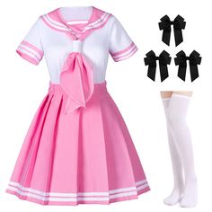 PRICES MAY VARY. Material: Terylene+cotton,100%Brand new. Japanese Seifuku Anime Pink Sailor Package includes: Shirt*1+Skirt*1+Pink Cravat*1+Over the knee high socks*1 + Hairpin *3、5-piece set Suit for: Daily wear pink suit school uniforms,Fun as birthday or holiday gifts,Halloween party uniforms, Cosplay party uniforms.Halloween costume , theme party, cosplay, on the stage,comic cons, themed parties, etc. It's also the great gift for friends and Anime lovers,fashion enthusiasts,Anime comic exhi Girls Sailor Dress, Sailor Outfit, Japanese Uniform, Pink Pleated Skirt, Anime School, Anime Cosplay Costumes, Sailor Dress, Kawaii Fashion Outfits, Cute Costumes