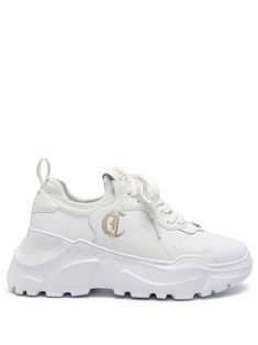 white/gold-tone faux leather panelled design debossed monogram pattern gold-tone logo plaque logo patch at the tongue front lace-up fastening round toe branded heel counter chunky rubber sole White Sneakers With Logo Plaque For Streetwear, Casual White Sneakers With Foil Embossed Logo, Sporty Sneakers With Logo Plaque For Streetwear, Sporty Streetwear Sneakers With Logo Plaque, White Chunky Sneakers With Logo And Round Toe, Luxury Sneakers With Embossed Logo For Streetwear, Chunky Sneakers With Embossed Logo For Streetwear, Sporty Lace-up Sneakers With Logo Plaque, Leather Chunky Sneakers With Logo Print And Round Toe