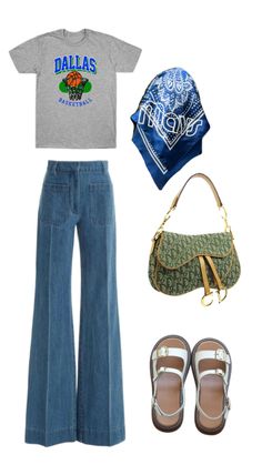 a pair of jeans and a t - shirt are outfitted with sandals, a handbag, and a purse