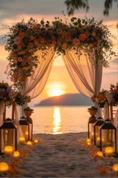 Beach wedding ceremony at sunset 🌅 Covered Beach Wedding, Married On The Beach, Beach Weddings Wedding Ceremony Decor, Wedding Beach Ceremony Decorations, Wedding Ceremony Venue Ideas, Sunset Beach Wedding Ceremony, Luxury Wedding Decor Outdoor, Beach Wedding Ceremony Set Up, Pier Wedding Ceremony