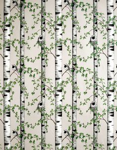 the wallpaper is decorated with white birch trees and green leaves, as well as black birds