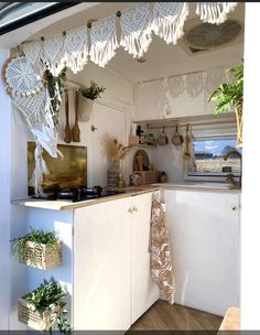 a kitchen with white cabinets and hanging plants