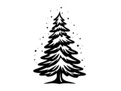 a black and white drawing of a pine tree with snowflakes on its branches