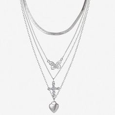 Included: 1 Necklace(s)Features: Religious JewelryJewelry Closure: Lobster ClaspLink Construction: SolidSetting: InlayShape: Butterfly, Cross, HeartMetal Color: Silver ToneChain Length: 20 InchExtender Length: 3 InchPendant Length: 25.2mmPendant Width: 25.2mmChain Construction: Fashion ChainCare: Wipe CleanStone Type: 1 GlassMetal: AlloyNecklace Type: Multi-Strand NecklacesPendant & Charms Type: PendantsCountry of Origin: Imported Construction Fashion, Fashion Butterfly, Cross Heart, Religious Jewelry, Strand Necklace, Multi Strand, Necklace Silver, Jessica Simpson, Type 1