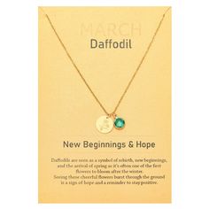 PRICES MAY VARY. March - Daffodil, represents new beginnings and hope. Bloom with this birth flower necklace: a celebration of you or you loved one! This necklace is not just an accessory. It's a keepsake, a celebration of family, and a way to keep your loved ones close to your heart. Rolo Chain Length: 17"-22" adjustable chain with lobster clasp closure Golden jewelry is a go-to choice for everyday wearing. We start with 316l stainless steel base which we then electroplate with a thick layer of May Birthstone Necklace With Flower Charm, May Birthstone Necklace With Birth Flower, January Birth Flower, Flower Carnation, January Birth Flowers, Aquamarine Birthstone, Women Birthday Gifts, Birth Flower Necklace, Garnet Birthstone