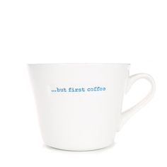 Keith Brymer Jones Mug but first coffee | Hype Design London Bowls And Plates, Retro Typewriter, Typewriter Font, First Coffee, But First Coffee, Book Stationery, White Mug, But First, Vibrant Blue