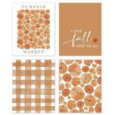 four cards with pumpkins on them and the words i love fall most of all