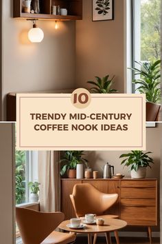 Explore trendy mid-century modern coffee nook ideas with leather chairs and beautiful plants. This pin features stunning design elements and cozy inspirations for your next coffee break. Two images showcasing vibrant greenery and inviting furniture create a warm atmosphere.