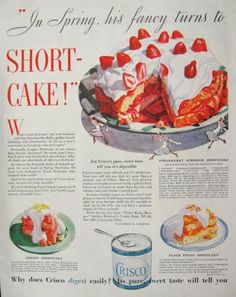 an old advertisement for short - cake with strawberries on top and whipped cream on the bottom