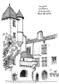 a drawing of an old building with a tower