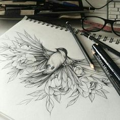 a pencil drawing of a bird with flowers on it's back and two glasses next to it