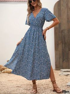 Bjux - Chic Womens Ditsy Floral Print Split Dress: Elegant V-Neck Short Sleeve Summer Dress for Stylish Vacations Casual V-neck Maxi Dress With Ditsy Floral Print, Printed Non-stretch V-neck Maxi Dress, Non-stretch V-neck Printed Midi Dress, Non-stretch Printed Midi Dress With V-neck, Blue V-neck Midi Dress With Ditsy Floral Print, Casual V-neck Dress With Ditsy Floral Print, Non-stretch Ditsy Floral Print Dresses For Vacation, Non-stretch Ditsy Floral Print Vacation Dresses, Flowy V-neck Midi Dress With Ditsy Floral Print