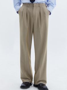 This is a casual and comfortable pants made out of high quality rayon, polyester, and spandex blend fabric. With design detail of two tuck detail on the pants, elastic waistband on the back, and ox horn buttons, it gives a casual and trendy mood to your look.- Relaxed wide silhouette- Two tuck on the waistband- Elastic waistband on the back- Authentic ox horn button Relaxed Fit Khaki Pants For Business Casual, Beige Wide-leg Pants With Belt Loops, Classic Cream Wide-leg Pants, Khaki Straight Dress Pants With Welt Pockets, Khaki Straight Pants For Business Casual, Classic Neutral Pants With Belt Loops, Khaki Straight Dress Pants For Business Casual, Cream Pants With Elastic Waistband For Work, Classic Khaki Straight Bottoms Pants