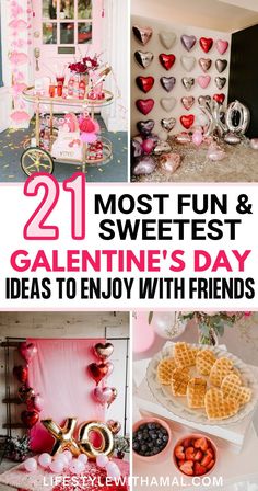 valentine's day party with heart shaped balloons, waffles and other treats