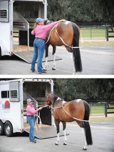 two pictures of a woman holding the reins of a horse in front of a trailer