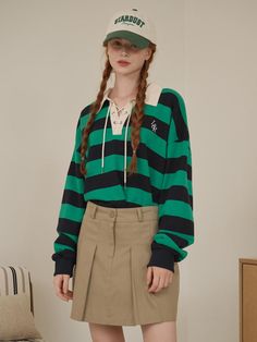 Composition : Cotton 100%Country of Origin : Republic of Korea Striped Long Sleeve Tops For College, Green Long Sleeve Tops With Striped Collar, Casual Striped Sweatshirt With Ribbed Collar, Striped Long Sleeve Sweatshirt With Ribbed Collar, Cotton Striped Sweatshirt With Striped Cuffs, Spring Striped Sweatshirt With Contrast Stripes, Winter Cotton Tops With Striped Hem, Green Long Sleeve Tops With Contrast Stripes, Green Tops With Striped Collar And Relaxed Fit