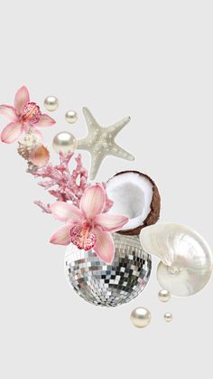 an arrangement of flowers, shells and pearls on a white background with space for text