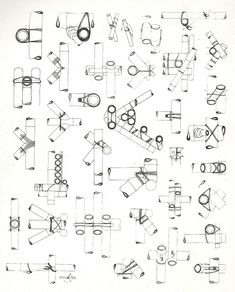 a drawing of various types of objects and sizes on a white sheet with black ink