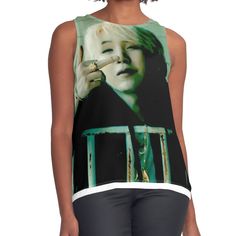 Women's sleeveless tank with vivid edge-to-edge sublimation print on front. Spliced materials for comfort. Front panel made from silky chiffon and solid color black or white jersey back. Sizes available XS- 2XL. Summer Sublimation Print Sleeveless Tank Top, Sleeveless Sublimation Print Tank Top For Summer, Sleeveless Tops With Sublimation Print For Summer, Summer Sleeveless Tank Top With Sublimation Print, White Jersey, Agust D, Sleeveless Tank, Sublimation Printing, Sleeveless Top