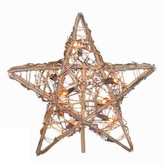 a wooden star with string lights on it