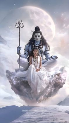 a woman sitting on top of a cloud next to a giant white demon with a staff