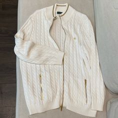 Nwot Lauren Ralph Lauren Gold Zip Up Gold Metallic Threading Around Neckline Gold Zippers On Pockets Haven’t Been Unwrapped Yet Crisp White White Cable Knit Classic Outerwear, Ralph Lauren Sweaters, Ralph Lauren Sweater, Gold Zipper, Threading, Lauren Ralph Lauren, Sweaters & Cardigans, Knot, Zip Ups